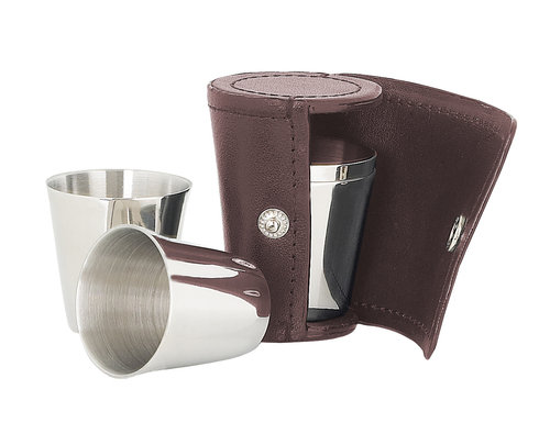Set Of 4 Small Cups In Burgundy Leather Case