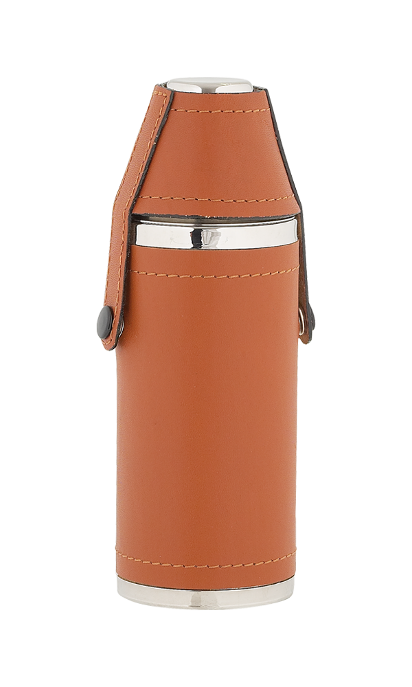 8oz Tan Leather Sportsman Stainless Flask With Cups Thumbnail