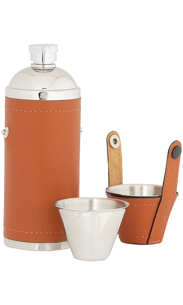 8oz Tan Leather Sportsman Stainless Flask With Cups
